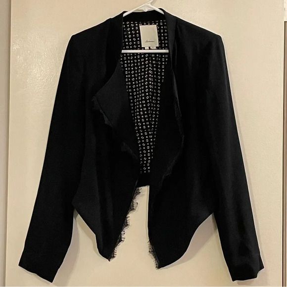 ELEVENSES‎ by ANTHROPOLOGIE Dimmet Lace Trim Open Front Blazer in Black Noir - Picture 5 of 11